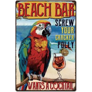 Plaque Metal Vintage Pour Bar De Plage Perroquet Cocktail Plaque Decorative Metal Vis Votre Cracker Polly Affiche Murale Amusante Deco Vintage Panneau Decoratif Exterieur - Neuf