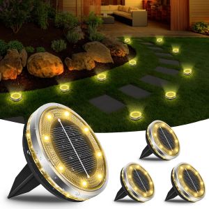 Lot De 4 Lampe Solaire Au Sol, 12 Led Lampes Solaires Ext&eacute;rieur &Eacute;tanche Ip65 &Eacute;clairage De Jardin, Spot Lumiere Solaire Pour Pelouse Trottoir Patio All&eacute;e Chemins Terrasse Cour, Blanc Chaud - Neuf