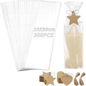 200 Pcs Sachet Plastique Transparent 10x30 cm Sachet Bougies Sachet Cellophane OPP Sachet Bonbon avec 200 ?tiquettes Cadeaux en Papier Kaft et 40m Ficelle pour Bougies Chocolats Mariages F&iquest;&ordm;tes - Neuf