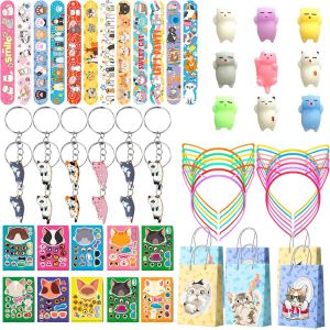 Mevronisshop-Cadeaux De F&ecirc;te Pour Chats, 72 Pcs Cadeaux De F&ecirc;te Sur Le Th&egrave;me Des Chats - Sacs De F&ecirc;te Pour Chat Bandeau Stickers Porte-Cl&eacute;s & Chat Slap Bracelets Etc Fournitures Pour Anniversaire Th&egrave; - Neuf