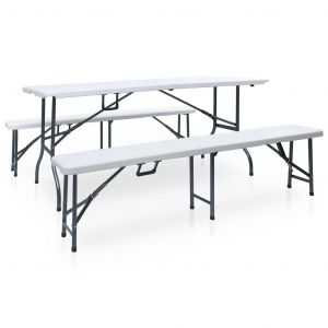 Table Pliable De Jardin Avec 2 Bancs 180 Cm Acier Et Pehd Blanc Helloshop26 02_0018691 - Neuf