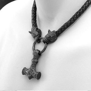 Viking Noir Odin Thunder Hammer Et Tête De Loup Rugissant Mjolnir Amulette Viking Jewelry - Neuf