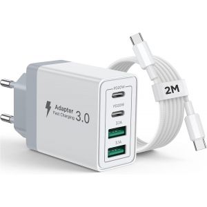 Chargeur iPhone, 40W 4 Port Chargeur USB C Rapide Multiple Prise USBC avec 2m Cable USB C pour iPhone 16 15 Pro Max Plus 16e iPad, Samsung, Adaptateur Secteur Type C avec 60W Cable C vers C - Neuf