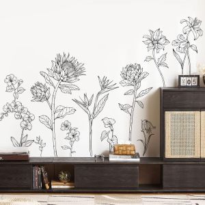 Stickers Muraux Fleurs en Lignes Noir et Blanc-Autocollant Mural Minimaliste Contemporain-Déco Murale Chic pour Chambre/Salon/Bureau-Stickers Graphiques Modernes - Neuf