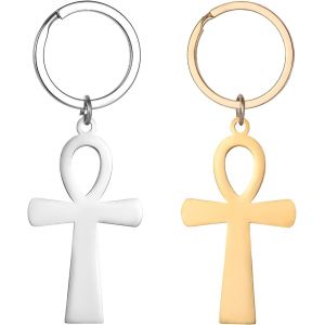 Kal-2 Pcs Porte-Cl&eacute;s Croix Ankh Porte-Cl&eacute;s Croix &Eacute;gyptienne Pendentif Croix Ankh En Acier Inoxydable Porte-Cl&eacute;s Ami Famille Anniversaire - Or Et Argent - Neuf
