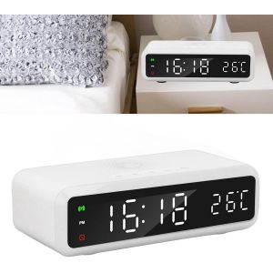 R&eacute;veil, Chargeur de R&eacute;veil Num&eacute;rique 15 W, Radio-r&eacute;veil Multifonction avec Variateur &agrave; 4 Niveaux, Affichage LED de L'heure, de la Date, de la Temp&eacute;rature, Minuterie pour Chambre (Couleur du bois - Neuf