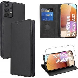 TRAHOO-Coque Cuir pour Samsung Galaxy A32 4G 6.4"" avec 1 Verre Tremp&eacute; Etui &agrave; Rabat en PU Porte-Cartes Portefeuille Support Flip Housse Magn&eacute;tique Antichoc Anti-Rayures Case,Noir - Neuf