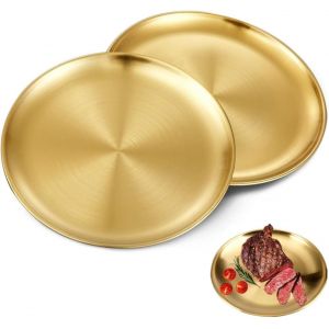 Kalanka-2 Pi&egrave;ces Assiettes &Agrave; D&icirc;ner En Acier Inoxydable Dor&eacute;, 20 Cm Plats Ronds &Eacute;l&eacute;gants Pour Service De Table, Plateau De Service R&eacute;sistant Pour Cuisine, Salle &Agrave; Manger, Camping, Barbecue Ou F&ecirc;tes,Mo - Neuf