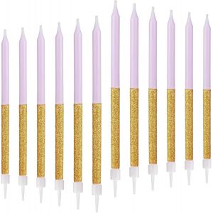 Lot de 12 bougies d'anniversaire violettes et dorées pour gâteau,décorations de gâteaux pour fête d'anniversaire,bougies longues dorées brillantes,bougies de fête,fêtes prénatales - Neuf