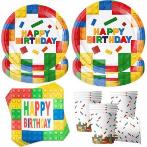 Trahoo-Lot De 50 Pièces De Vaisselle De Fête En Brique De Construction - Pour Anniversaire D'enfant - Décoration D'anniversaire D'enfant - Assiettes Et Gobelets - Vaisselle De Fête Pour 10 Invités - Neuf