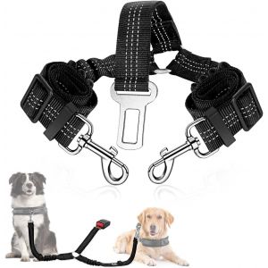 Jgd-Double Ceinture Chien Voiture - Laisse Double Pour 2 Chiens R&eacute;fl&eacute;chissante R&eacute;glable Ceinture De Securit&eacute; Pour Chien Voiture En Nylon &Eacute;lastique Harnais Voiture Pour Chien Absorption Des Chocs - Neuf