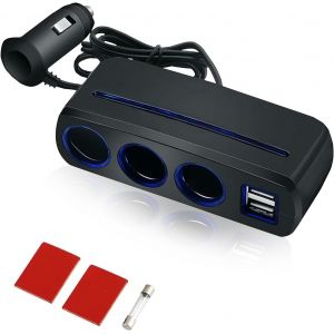 JGD-Distributeur allume-cigare 12/24V, adaptateur prise allume-cigare avec 3 prises et 2 ports USB, 120W, rallonge allume-cigare de 65 cm, pour t&eacute;l&eacute;phones portables, GPS, appareil photo, etc - Neuf