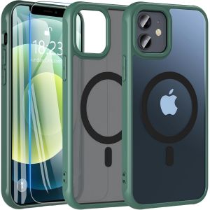Maa-Coque Pour Iphone 12/Iphone 12 Pro Avec Verre Trempé, Magnétique Coque Compatible Avec Magsafe, Antichoc Protection Etui Translucide Mat Arrière Housse Pour Iphone 12/Iphone 12 Pro (Vert) - Neuf
