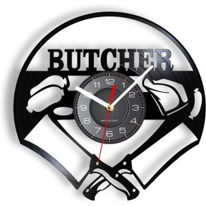 Pendule Murale Silencieuse 30Cm Chef Butcher Couteaux Crois&eacute;s Disque Vinyle Horloge Murale Cuisine Salle &Agrave; Manger D&eacute;cor Boucherie Boucherie Grillades Bbq Party Montre D&eacute;corative - Neuf