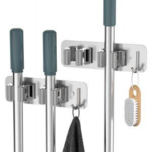 JEXNOVASHOP-Porte Balai Acier Inoxydable, Accroche Balai Mural sans Per&ccedil;age, Support Balai 2 Emplacements avec 1 Crochet pour Cuisine Salle de Bain Jardin Garage, 2 Pi&egrave;ces Argent&eacute; - Neuf