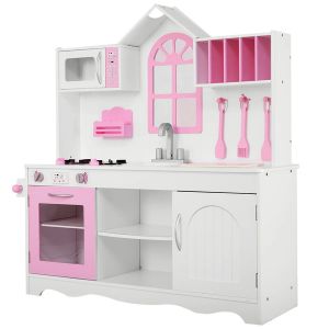 Cuisine en bois pour enfants lot de 1 109 x 32 x 106 cm favorise l'imagination et la coop&eacute;ration en rose blanc Helloshop26 20_0020787 - Neuf