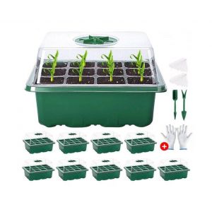 Ensemble de plateaux &agrave; semis &agrave; 12 trous avec bases, couvercles, &eacute;tiquettes, outils et gants pour la multiplication des plantes - Neuf