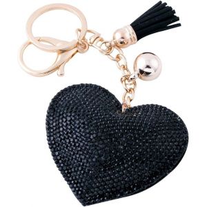 KAL-En Cuir Amour Coeur Keychain Bling Ss6 Premium Cristal De Voiture Porte-Cl&eacute;s Valise Sacs &Agrave; Dos Accessoires Charme Avec Glands (Noir) - Neuf