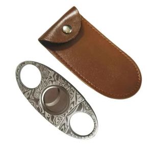 Coupe-cigare, acier damas, 9 x 4 cm, avec &eacute;tui en cuir, acier inoxydable, coupe-cigarette, ciseaux, noir. - Neuf