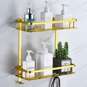 Etagere Douche or, &Eacute;tag&egrave;re Murale Salle de Bain Sans Percage Panier Rangement en M&eacute;tal Serviteur pour le Shampoing, Antirouille (2 Paniers) - Neuf