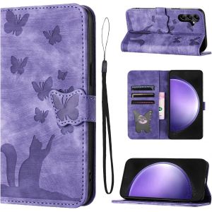 Kal-Coque Samsung S23 Fe 5g Matériau En Cuir Pu De Qualité Supérieure Coque S23 Fe Avec Fentes Pour Cartes Motif Papillon Chat Coque Samsung S23 Fe Violet - Neuf
