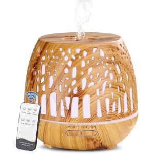 Diffuseur d'huiles essentielles 400 ml, humidificateur ultrasonique sans BPA, télécommande avec lumière LED changeante, 3 minuteries pour la maison, le yoga, le bureau et le spa - Bois - Neuf