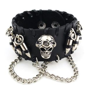 Bracelet Manchette En Cuir Punk Avec Motif Tête De Mort - Neuf