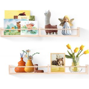 Étagères murales pour Nursery,Ensemble de 2 bibliothèques pour Enfants,étagère Flottante,Rangement et présentation de Livres et Jouets pour bébé avec Barre en Perles en Bois,pin,81,5cm¿Bois Naturel¿ - Neuf