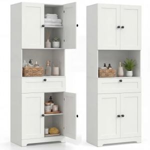 COSTWAY Armoire de Salle de Bains avec 4 Portes, 1 Tiroir, Compartiment Ouvert, &Eacute;tag&egrave;re R&eacute;glable, pour Salon, Cuisine, Blanc - Neuf