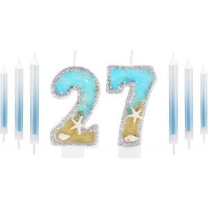 Eryi-Bougie D'anniversaire Bleue En Forme De Chiffre 27 Pour Garçons Et Filles, Décorations De Gâteau D'anniversaire Pour Garçons Et Filles, Bougies Bleues Argentées Pour Hommes Et Femmes, Décoration - Neuf