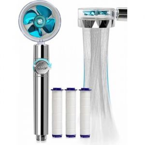 Douchette à main, pommeau de douche à économie d'eau et anticalcaire, pommeau de douche à hélice haute pression, système de filtration en 3 étapes avec 3 filtres en coton PP remplaçables - Neuf