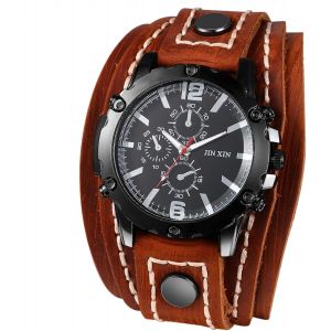 Montre Homme Bracelet Cuir: Montre Homme Gros Cadran Rond Steampunk Et Rock Analogique Quartz Montre &Agrave; Aiguilles Avec Large Bracelet Cuir-Cadeau Homme Anniversaire F&ecirc;tes Des P&egrave;res.[J462] - Neuf