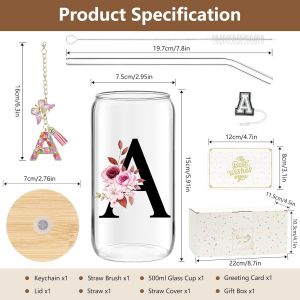 A-Z Lettre Verre Avec Paille 500 Ml Verre Matcha Avec Couvercle Cadeau Femme Id&eacute;al Cadeau Femme Anniversaire No&euml;l Ou Saint-Valentin Pour &Eacute;pouse M&egrave;re Ou Couple (J) - Neuf