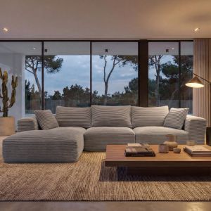 Ensemble canap&eacute; HWC-P20, canap&eacute; 3 places Canap&eacute; lounge, tissu/textile velours c&ocirc;tel&eacute; (370 g/m&sup2;) Surface de couchage &agrave; gauchegris clair - Neuf