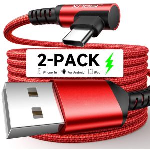 KALANKA-C&acirc;ble USB C (3M, Lot de 2) Angle Droit Chargeur USB Type C Charge Rapide Nylon Tress&eacute; Compatible avec iPhone 16 15 Pro, Samsung Galaxy S25 S24 S23 Ultra A55 S22, Android Auto-Rouge - Neuf
