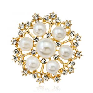 Broche Ronde En Alliage Avec Strass Et Perles Synthetiques Pour Femme (Aa102-B) - Neuf