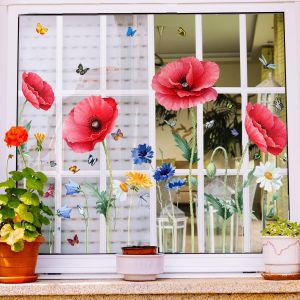 Trahoo-Xxl Stickers Fenêtre Fleurs Coquelicots Rouges (88x57 Cm) I Stickers Vitres Décoratifs Fleurs Papillon Printemps Été I Autocollant Fenêtre Salon Chambre Cuisine Déco (Non Adhésif) - Neuf