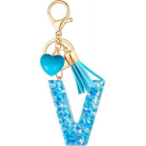 KAL-Porte-Cl&eacute;s Bleu Avec Lettre Porte-Cl&eacute;s Fille Initiale Cadeau Femmes Porte-Cl&eacute;s Coeur D&eacute;corer Pour Sac Sac &Agrave; Dos Porte-Clef Gland Or Porte-Clef Femme A-Z - Neuf