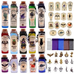 Lot de 99 Bouteilles de Potion d'Halloween pour D&eacute;coration d'Int&eacute;rieur Bouteilles d'Apothicaire avec Autocollants et Pendentifs Plateau &agrave; &Eacute;tages pour D&eacute;coration d'Halloween - Neuf