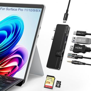 JGD-USB C Hub pour Surface Pro 11/10/9/8/X, Surface Pro 11 adaptateur avec USB C Thunerbolt 4 (8K Video +40 Gbps Data+100W PD), Port HDMI, 100M Ethernet, 1*USB 3.0, 1*Type-C, 3.5mm Audio, Fente pour - Neuf
