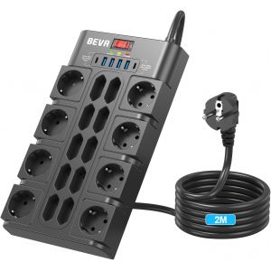 18 Prises Multiprise avec Interrupteur (3680W/16A) + 2100J Multiprises Parafoudre et Surtension + C&acirc;ble 2M, Bloc Prise Multiple 4 USB-A +2 USB-C(15W), Prise Electrique avec Terre,Noir - Neuf