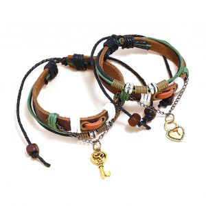 Paire De Bracelets En Cuir De Vache Pour Couple, Marron, Style Retro, Ajustables, Tresses, Pour Soirees Et Rendez-Vous Galants - Neuf