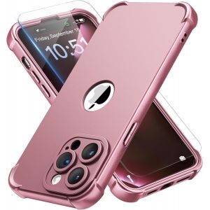 Kal-Coque Pour Iphone 14 Pro + 2 Pièces Verre Trempé Protection Écran, Antichoc Souple Silicone Tpu Arrière Rigide Pc Avant Housse De Protection Pour Iphone 14 Pro Case 6,1"" Or Rose - Neuf