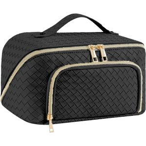 MAA-Grande Trousse de Maquillage - en Cuir synthétique - Étanche - avec Grande Poche Ouverte - pour Femme (Noir Vintage) - Neuf