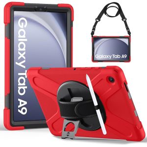 Coque Antichoc Pour Samsung Galaxy Tab A9 8.7 Pouces 2023, Étui Armure Robuste Avec Support Rotatif, Dragonne Et Bandoulière Réglable, Housse Pour Samsung Tab A9 8.7 (Sm-X110/X115/X117), Rouge - Neuf
