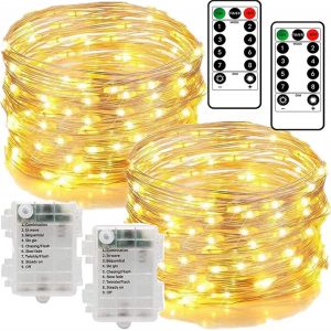JGD-Lot de 2 Guirlandes Lumineuses 100 LED &agrave; piles en fil de cuivre avec t&eacute;l&eacute;commande, 8 modes &eacute;tanches pour maison, jardin, f&ecirc;te de mariage (blanc chaud) - Neuf