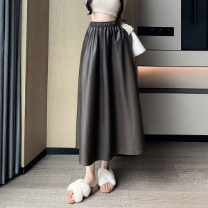 Jupe En Cuir Pu Femme Automne Et Hiver Grande Jupe En Cuir Swing Taille Haute Jupe Mi-Longue Jupe Trapèze Jupe Longue Élastique Couvrant Les Hanches - Neuf