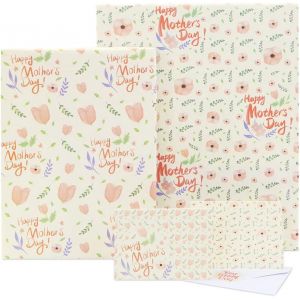 Papier cadeau f&ecirc;te des m&egrave;res, papier cadeau kraft tulipe florale pour maman femme, 6 feuilles pli&eacute;es papier cadeau fleur recyclable avec carte de v?ux et autocollant pour d&eacute;cor de f&ecirc;te m&egrave;re maman - Neuf