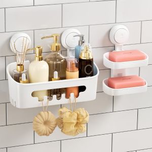 Support de Douche et Porte-Savon Double Couche Ensemble de Rangement pour La Salle de Bain Sans PerçAge Antirouille Amovible Aspirateur de Douche EtagèRe Porte-Savon Brosse à Dents Ensemble - Neuf
