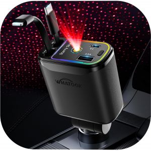 JGD-Chargeur de voiture r&eacute;tractable 4 en 1 avec LED ciel &eacute;toil&eacute;, 66 W, chargeur de voiture rapide allume-cigare USB-C/USB-A, 2 c&acirc;bles de charge pour iPhone, Samsung Galaxy, Google Pixel, tablettes - Neuf